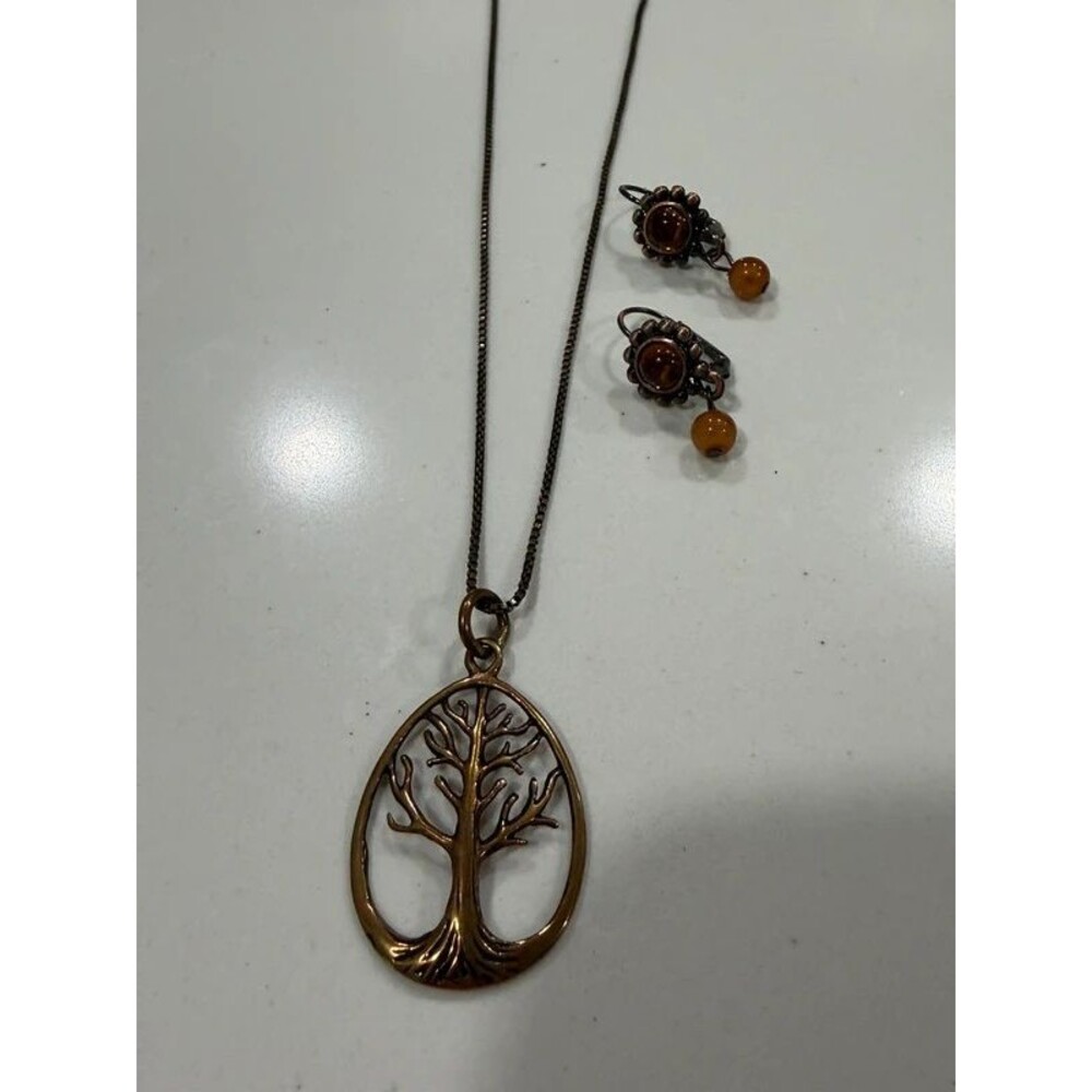 Boho Copper Bronze Tree Pendant “Amber” Flower Earrings